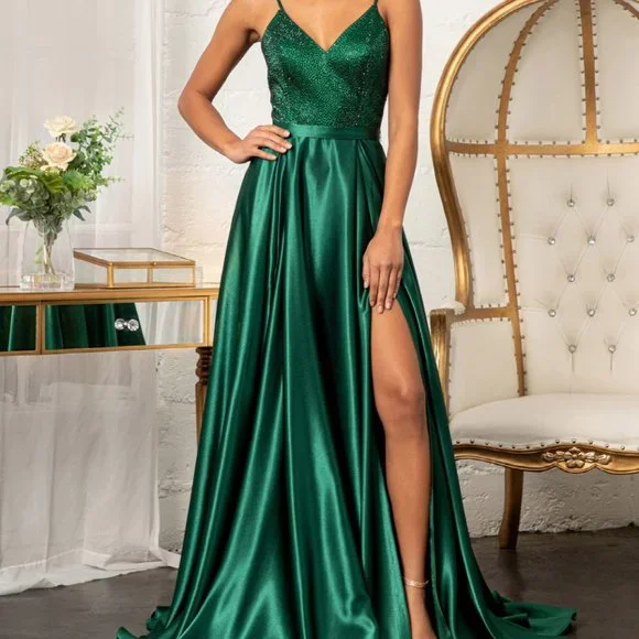 EMERALD Full Rhinestone Bodice Lace-Up Back Satin Prom Dress w/ Waistband  GL3040